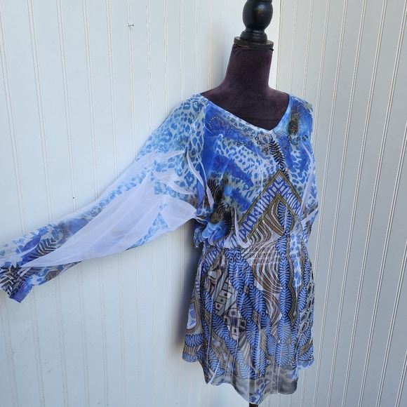 Daniel Benjamin Womens Sheer Tunic Top Smocked Beaded Boho Lightweight Blue Sz M - Picture 2 of 10